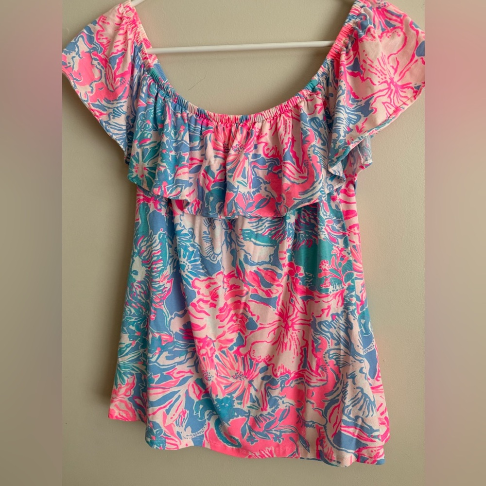 LILLY PULITZER La Fortuna TOP RUFFLE OFF SHOULDER PINK BLUE Shirt Floral  Sz  M